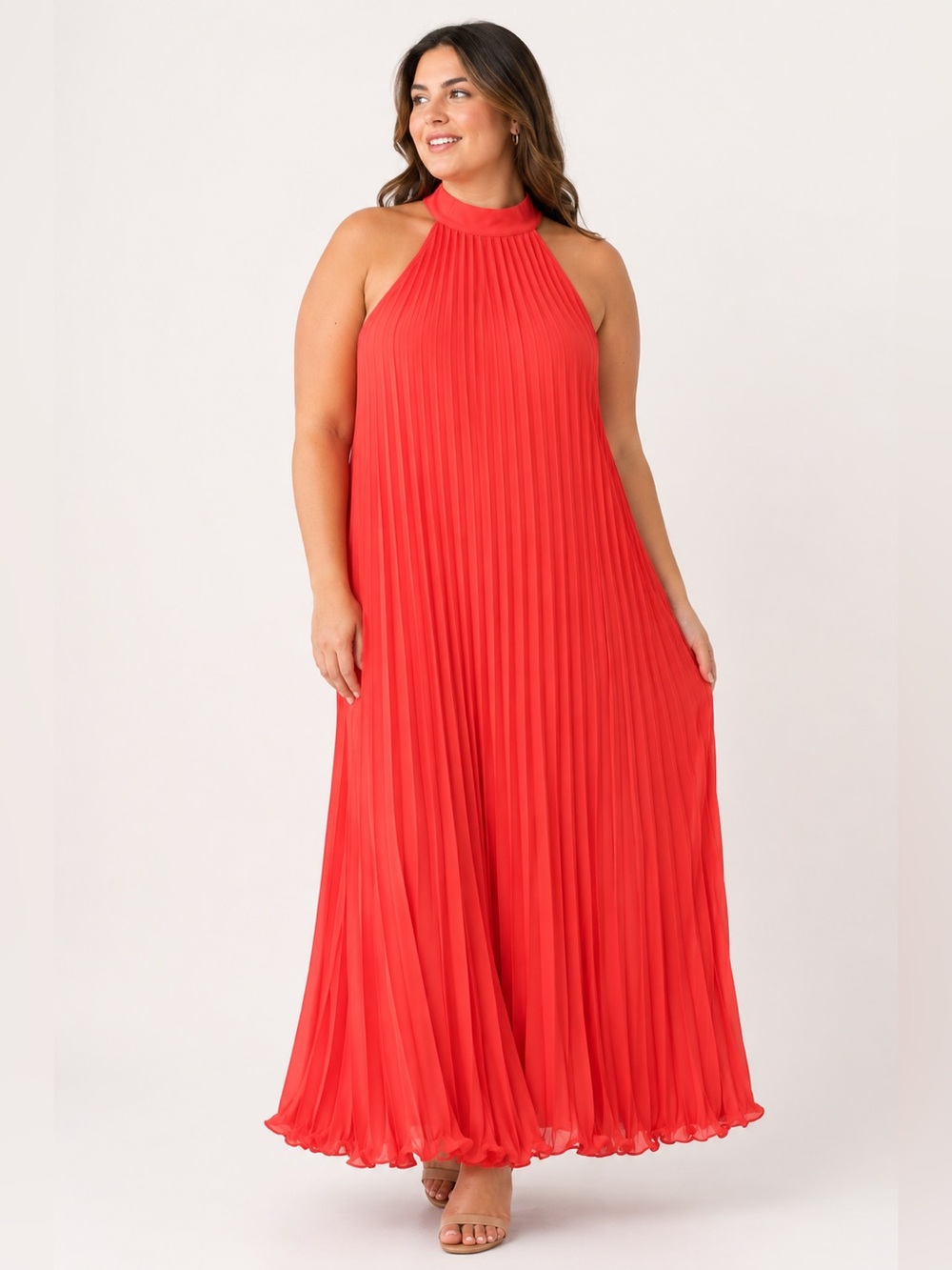 Plus-Size Halter Pleated Maxi Dress in Coral Red